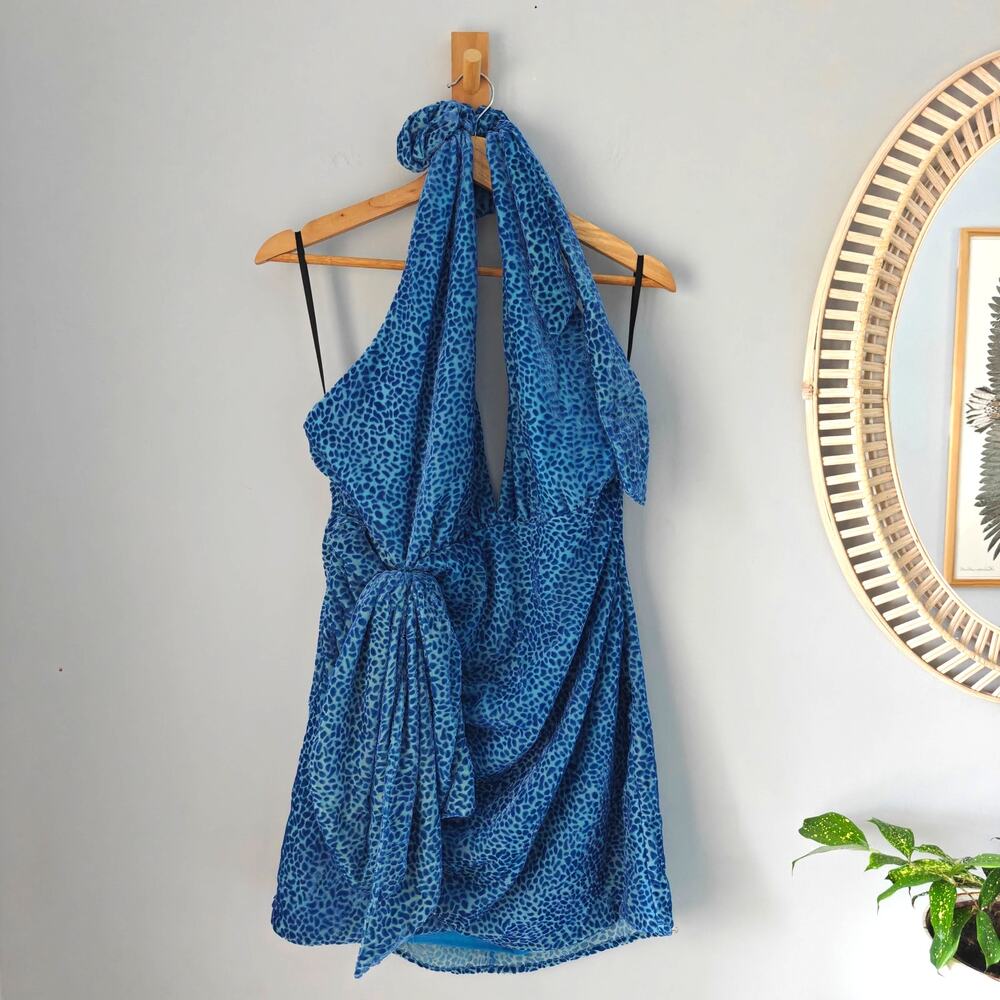 NBD Pari Mini Dress XL Blue Leopard Velvet Halter Backless NWT Revolve